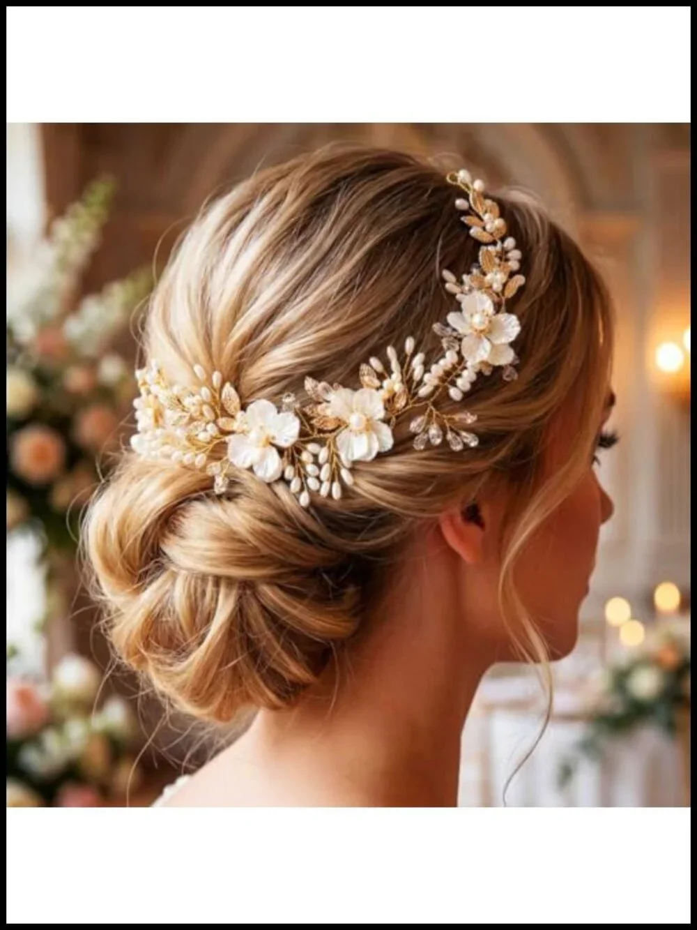 Bridal Gold Flower Headpiece Hair Vine with Pearls for Wedding